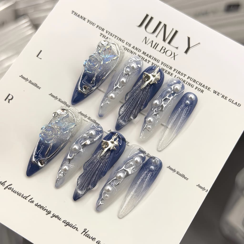 JUNLY Ombre Blue Cat Eye Nail Box Press On Nails Set